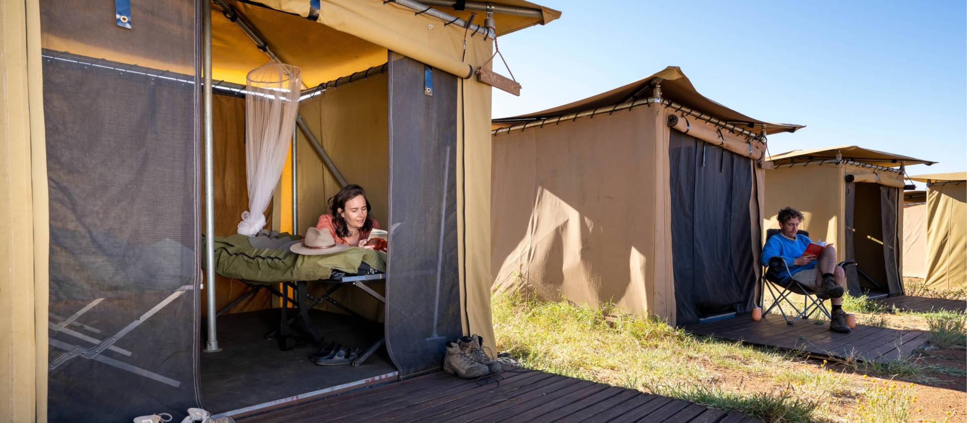 Relaxing at our exclusive eco-comfort camps on the Larapinta | Shaana McNaught