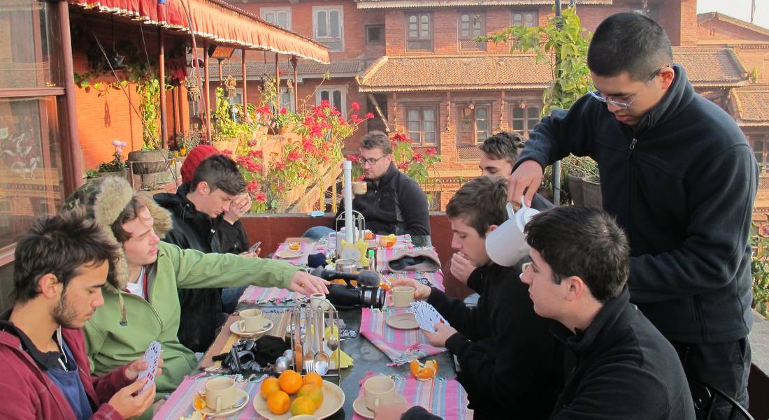 Enjoying breakfast in Bhaktapur, just outside of Kathmandu |  <i>Greg Pike</i>