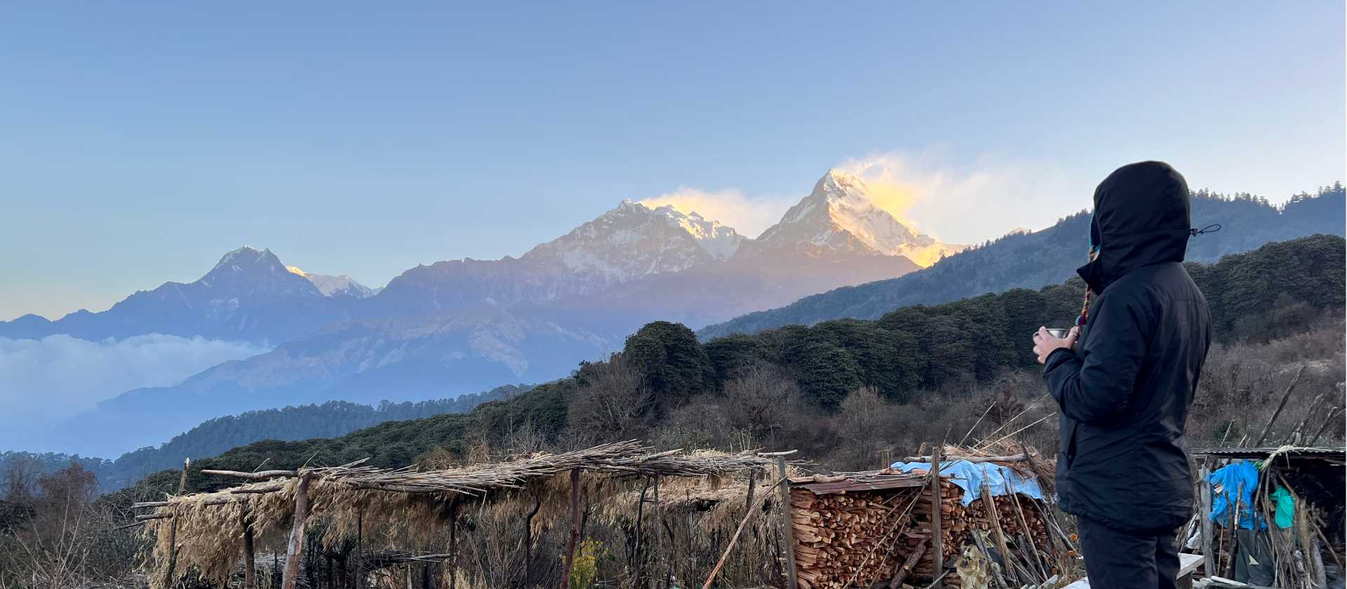 A World Expeditions trekker enjoys a warm cup of tea at daybreak to the breathtaking views of the Annapurna massif from our exclusive eco campsite at Pulbari | Sue Badyari