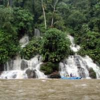 River rafting provides a unique perspective of the Amazon jungle and waterfalls.