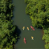 Aerial view of kayaking on river in Vanuatu