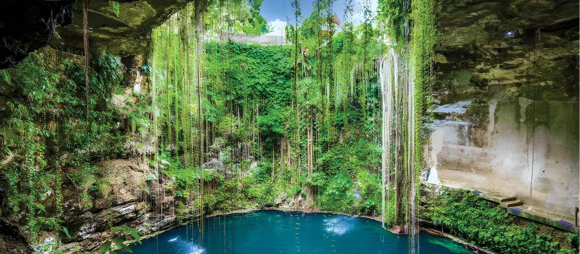 The clear turquoise waters of a cenote under a sunny sky | EcoColours Tours