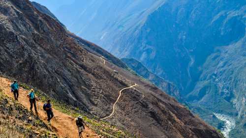 Hiking the Inca Trail with stunning views of the mountains all around