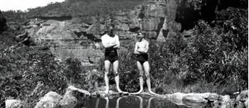 Eric Dark and son Michael at 'Jerrikellimi Pool' near Leura in 1943 | Source: Local Studies Collection - Blue Mountains City Library